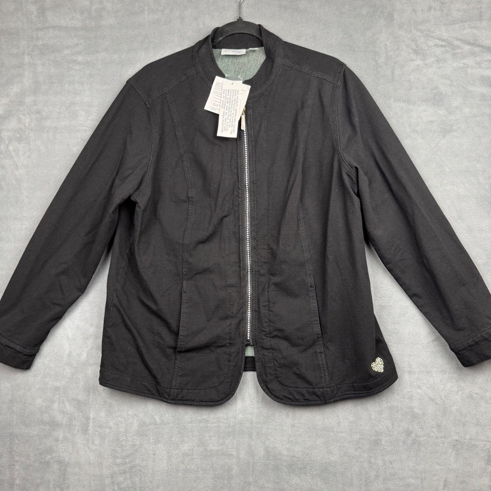 Quaker Factory Dream Jeannes Black Rhinestone Heart Zip Up Jacket Women's Size L
